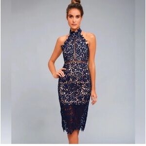 Lulu’s NWT Lace Halter Open Back Navy Blue Midi Dress Size XS